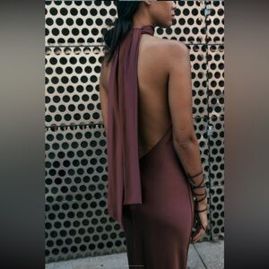 Satin effect halter neck dress